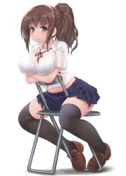 Rule 34 | 1girl, :3, bikini, black thighhighs, blouse, blue skirt, breasts, brown eyes, brown footwear, brown hair, chair, collared shirt, commentary, crossed arms, dd (ijigendd), folding chair, from side, highres, large breasts, long hair, looking at viewer, midriff peek, navel, original, pleated skirt, ponytail, shirt, side-tie bikini bottom, signature, simple background, sitting, skirt, smile, solo, swimsuit, thighhighs, thighs, wavy hair, white background, white shirt, zettai ryouiki