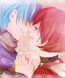 Rule 34 | 1boy, 1girl, bad id, bad pixiv id, choker, couple, happy birthday, hetero, holding hands, jewelry, kaito (vocaloid), meiko (vocaloid), ring, smile, vocaloid, wii hola