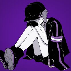 Rule 34 | 1girl, a.i. voice, bags under eyes, baseball cap, boots, collarbone, commentary request, dokusanchu, empty eyes, full body, gloves, greyscale with colored background, half-closed eye, hands on own knees, hat, head on knees, highres, jacket, jacket on shoulders, knees up, light smile, looking at viewer, one eye covered, purple armband, purple eyes, short hair with long locks, short shorts, shorts, simple background, sitting, solo, spot color, toes up, voiceroid, yuzuki yukari, yuzuki yukari (nagi)