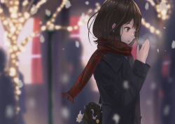 Rule 34 | 1girl, bag, bag charm, black coat, blurry, blurry background, blurry foreground, breath, brown eyes, brown hair, charm (object), coat, enpera, hands up, highres, ko tachi1104, long sleeves, open mouth, original, outdoors, plaid, plaid scarf, red scarf, scarf, school bag, school uniform, snowing, solo, upper body