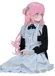 Rule 34 | 1girl, absurdres, alternate costume, apron, belt, black dress, blue eyes, blush, bocchi the rock!, buttons, closed mouth, collared dress, crossed bangs, cube hair ornament, dress, enmaided, frills, gotoh hitori, grey apron, grey belt, hair between eyes, hair ornament, haru (ririne9999rine), highres, long hair, long sleeves, looking to the side, maid, pink hair, puffy long sleeves, puffy sleeves, seiza, sidelocks, sitting, solo