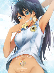 Rule 34 | 1girl, :d, animal, animal on shoulder, argentinian flag, argentinian flag print, arm up, armpits, black hair, blue bow, blue eyes, body writing, bottomless, bow, breasts, copa america, facepaint, flag print, ganaha hibiki, glint, grin, hair bow, hamuzou, high ponytail, highres, idolmaster, idolmaster (classic), kaiga, large breasts, mouth hold, navel, open mouth, out-of-frame censoring, ponytail, shirt, short sleeves, sleeves pushed up, smile, soccer uniform, spanish text, sportswear, star (symbol), stomach, striped clothes, striped shirt, teeth, upper body, vertical-striped clothes, vertical-striped shirt