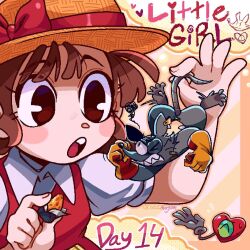 Rule 34 | 1girl, 2boys, :o, ^ ^, blush stickers, bow, boxyam, brown eyes, brown hair, cheese, child, clenched hand, clenched teeth, closed eyes, collar, collared shirt, colored sclera, commentary, dated, dress, ear tag, english commentary, english text, flying sweatdrops, food, gloves, green sclera, grey gloves, hat, hat bow, heart, heart (mad rat dead), highres, holding, holding food, hole in chest, hole on body, lifting animal, little girl (mad rat dead), mad rat (mad rat dead), mad rat dead, multiple boys, one eye closed, puffy short sleeves, puffy sleeves, red bow, red dress, shirt, short sleeves, signature, simple background, size difference, stitches, straw hat, sweat, swiss cheese, teeth, white collar, white shirt, yellow gloves