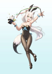 Rule 34 | 1girl, absurdres, ahoge, animal ear fluff, animal ears, armpits, black footwear, black leotard, black pantyhose, blue background, braid, breasts, cleavage, commentary request, confetti, earrings, extra ears, fake animal ears, fox ears, fox girl, fox shadow puppet, fox tail, green eyes, hair between eyes, hat, high heels, highres, holding, holding clothes, holding hat, hololive, jewelry, legs, leotard, lerk puzz, long hair, looking at viewer, medium breasts, mini hat, pantyhose, playboy bunny, rabbit ears, shirakami fubuki, sidelocks, simple background, single braid, sukonbu (shirakami fubuki), tail, virtual youtuber, white hair, wrist cuffs