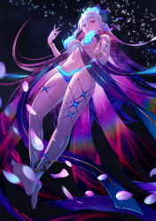 Rule 34 | 1girl, bare shoulders, barefoot, blue fire, blue hair, blush, body markings, bracelet, breasts, earrings, fate/grand order, fate (series), fire, floating, flower, full body, hair flower, hair ornament, hair ribbon, highres, jewelry, kama (fate), kama (swimsuit avenger) (fate), kama (swimsuit avenger) (third ascension) (fate), large breasts, legs, long hair, looking at viewer, lotus, multicolored hair, nail polish, navel, petals, red eyes, revealing clothes, ribbon, silver hair, skymax, soles, solo, star (symbol), star earrings, two-tone hair