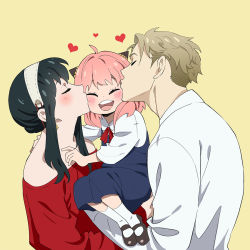 Rule 34 | 1boy, 2girls, anya (spy x family), black hair, blonde hair, blush, child, closed eyes, father and daughter, hairband, happy, heart, husband and wife, kiss, kissing cheek, miyuli, mother and daughter, multiple girls, pink hair, shoes, socks, spy x family, twilight (spy x family), yellow background, yor briar