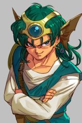 Rule 34 | 1boy, circlet, crossed arms, curly hair, dragon quest, dragon quest iv, earrings, green hair, helmet, hero (dq4), hungry clicker, jewelry, long hair, looking at viewer, male focus, simple background, smile, solo, square enix, white background