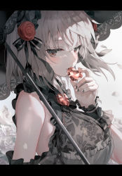Rule 34 | 1girl, absurdres, bare shoulders, black eyes, black shirt, breasts, brooch, commentary, flower, frilled shirt, frills, from side, gem, gothic lolita, grey hair, hair flower, hair ornament, headdress, heart, highres, holding, huwari (dnwls3010), jewelry, large breasts, lolita fashion, long hair, looking at viewer, looking to the side, nail polish, original, red gemstone, rose, shirt, short hair, sleeveless, sleeveless shirt, solo, umbrella, upper body, wrist cuffs