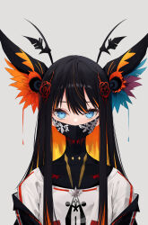 Rule 34 | 1girl, absurdres, black hair, blonde hair, blue eyes, commentary request, covered collarbone, grey background, hair between eyes, highres, lisu, long neck, looking at viewer, mask, mouth mask, multicolored hair, orange hair, original, shirt, simple background, solo, streaked hair, two-tone hair, upper body, white shirt
