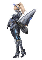 Rule 34 | 1girl, absurdres, airplane wing, alternate costume, aokuma (yuuran create), armor, black bodysuit, blonde hair, blue eyes, bodysuit, boots, clothes writing, commentary request, exoskeleton, from side, full body, headgear, high heels, highres, knee boots, lilya (reverse:1999), long hair, looking at viewer, low wings, mask, mechanical boots, mouth mask, ponytail, power suit, profile, reverse:1999, simple background, solo, standing, white background, wings