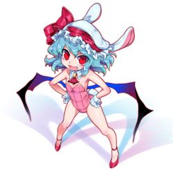 Rule 34 | 1girl, animal ears, bat wings, blue hair, detached collar, fang, flat chest, full body, gloves, hands on own hips, hat, hat ribbon, highres, ifelt (tamaki zutama), leotard, looking at viewer, mob cap, open mouth, playboy bunny, rabbit ears, rabbit girl, rabbit tail, red eyes, red footwear, red ribbon, remilia scarlet, ribbon, shoes, simple background, smile, solo, standing, tail, touhou, wavy hair, white background, white gloves, white hat, wings