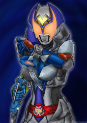 Rule 34 | 1girl, armor, belt, breasts, commentary, dagger, dual wielding, english commentary, glowing, glowing eyes, helmet, highres, holding, holding dagger, holding knife, holding weapon, kamen rider, kamen rider dcd, kamen rider kivala, knife, looking at viewer, medium breasts, orange eyes, solo, solo focus, weapon, yuuyatails