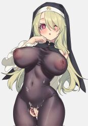 Rule 34 | + +, 1girl, airseal, black bodysuit, black headwear, blush, bodysuit, breasts, censored, covered erect nipples, cum, cum on body, detached sleeves, frilled sleeves, frills, green hair, grey background, habit, hair between eyes, highres, large breasts, long hair, looking at viewer, nipples, nun, one eye closed, original, puffy nipples, red eyes, see-through, simple background, solo, sweat, torn clothes