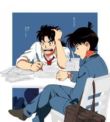 Rule 34 | 2boys, annoyed, bag, blue background, blue eyes, border, brown eyes, brown hair, chair, holding head, homework, japanese text, kindaichi hajime, kindaichi shonen no jikenbo, kindaichi shounen no jikenbo, kudou shin&#039;ichi, multiple boys, necktie, on chair, open mouth, outside border, paper, pen, ponytail, school bag, school uniform, short hair, simple background, sitting, stress, table, teeth, text focus, time, translation request, watch, white border, wristwatch