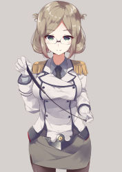 Rule 34 | 10s, 1girl, black necktie, black pantyhose, breasts, brown hair, buttons, double-breasted, epaulettes, folded ponytail, glasses, gloves, green eyes, jacket, kantai collection, katori (kancolle), large breasts, long hair, looking at viewer, military, military uniform, minari (haib), necktie, pantyhose, parted bangs, pointer, riding crop, simple background, skirt, smile, solo, uniform, white gloves