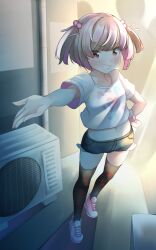 Rule 34 | 1girl, air conditioner, black shorts, black thighhighs, blush, brown hair, comah, crop top, grin, hair bobbles, hair ornament, hand on own hip, highres, looking at viewer, midriff, navel, original, outstretched arm, pink footwear, red eyes, shirt, shoes, short shorts, short sleeves, shorts, smile, solo, standing, thighhighs, two side up, white shirt