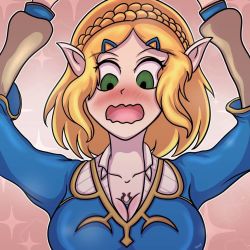 Rule 34 | 1boy, 1girl, arms up, between breasts, blonde hair, blush, braid, breasts, cleavage, elf, giant, giantess, green eyes, hair ornament, hairclip, hands up, link, looking down, nintendo, open mouth, person between breasts, pointy ears, princess zelda, short hair, standing, stuck, surprised, the legend of zelda, the legend of zelda: breath of the wild, the legend of zelda: tears of the kingdom, upper body, upside-down