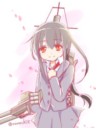Rule 34 | 10s, black hair, cherry blossoms, hand on own chest, hatsushimo (kancolle), kantai collection, long hair, low-tied long hair, nonochie, petals, red eyes, solo