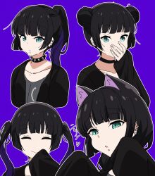 Rule 34 | 1girl, absurdres, alternate hairstyle, animal ears, aqua eyes, black cardigan, black choker, black hair, bocchi the rock!, cardigan, cat ears, chin piercing, choker, collarbone, colored inner hair, commentary request, covering own mouth, double bun, ear piercing, goumonsha, hair bun, hand over own mouth, highres, hime cut, long hair, multicolored hair, multiple views, open cardigan, open clothes, pa-san, piercing, ponytail, purple background, purple hair, spiked choker, spikes, twintails, two-tone hair