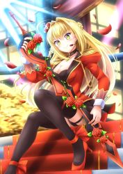 Rule 34 | 1girl, ahoge, black collar, black panties, black thighhighs, blonde hair, braid, breasts, cleavage, collar, collarbone, commentary request, crown, dress, fate/grand order, fate (series), flower, gold, gu-rahamu omega x, hair intakes, hair ornament, highres, holding, holding sword, holding weapon, indoors, long hair, long sleeves, looking at viewer, medium breasts, microphone, mini crown, nero claudius (fate), nero claudius (fate) (all), nero claudius (fate/extra), nero claudius (return match) (fate), official alternate costume, panties, puffy sleeves, red dress, red flower, red footwear, red rose, rose, shoes, sitting, sitting on stairs, smile, solo, stairs, sword, thighhighs, underwear, weapon, yellow eyes