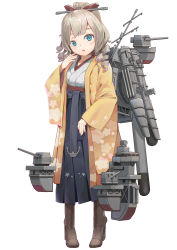 Rule 34 | 1girl, absurdres, black hakama, blue eyes, boots, brown footwear, brown hair, cannon, cross-laced footwear, drill hair, floral print, full body, hair between eyes, hair ornament, hair ribbon, hakama, hakama skirt, haori, hatakaze (kancolle), high heel boots, high heels, highres, japanese clothes, juu p, kantai collection, kimono, lace-up boots, light brown hair, long hair, looking at viewer, machinery, meiji schoolgirl uniform, ponytail, red ribbon, ribbon, simple background, skirt, solo, turret, white background, white kimono