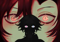 2boys absurdres blue_eyes close-up commentary coolguynat english_commentary eyelashes gavis_bettel hair_between_eyes heterochromia highres holostars holostars_english horror_(theme) looking_at_viewer machina_x_flayon male_focus multiple_boys pink_eyes red_eyes red_hair shiny_skin short_hair silhouette slit_pupils staring virtual_youtuber wide-eyed