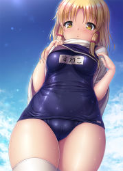 Rule 34 | 1girl, alternate costume, blonde hair, blush, breasts, brown eyes, clothes lift, cloud, competition school swimsuit, day, from below, high collar, impossible clothes, impossible swimsuit, lifted by self, long sleeves, looking at viewer, looking down, medium breasts, moriya suwako, name tag, one-piece swimsuit, outdoors, parted lips, school swimsuit, short hair with long locks, sidelocks, skindentation, solo, swimsuit, swimsuit under clothes, takeponi, thighhighs, thighs, touhou, undressing, water drop, wet, wet clothes, wet swimsuit, white thighhighs, wide sleeves