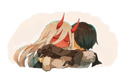 Rule 34 | 10s, 1boy, 1girl, black cloak, black hair, cloak, coat, colored skin, commentary request, couple, darling in the franxx, closed eyes, fur trim, grey coat, hetero, hiro (darling in the franxx), hood, hooded cloak, horns, hug, long hair, oni horns, parka, pink hair, red horns, red skin, signature, silver hair, tears, tokuura, winter clothes, winter coat, aged down, zero two (darling in the franxx)