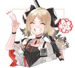 Rule 34 | 1girl, arknights, arm up, border, choker, closed eyes, collarbone, demon, dress, highres, horns, ifrit (arknights), low twintails, nail polish, parted bangs, platinum blonde hair, short twintails, smile, striped clothes, striped dress, teeth, twintails, upper body, v, vertical-striped clothes, vertical-striped dress, white background, yakota (usuk-yako)