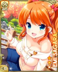 Rule 34 | 1girl, animal pin, autumn leaves, bag, bench, black leggings, blue eyes, bow, breasts, character name, cleavage, fence, forest, girlfriend (kari), handbag, leggings, looking at viewer, nature, official art, open mouth, orange hair, outdoors, qp:flapper, red bow, rock, sagara emi, shorts, sitting, smile, solo, squirrel, sweater, tagme, thighhighs, tree