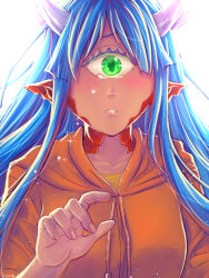 Rule 34 | 1girl, blue hair, cacodemon, crying, crying with eyes open, doom (series), hand up, horns, long hair, looking at viewer, monster girl, one-eyed, orange shirt, personification, pointy ears, shirt, simple background, substance20, tears, upper body, white background