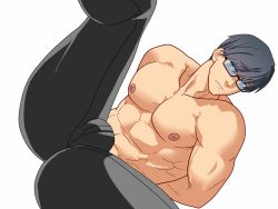 Rule 34 | 1boy, abs, bulge, crotch, glasses, inmomakuro, lying, male focus, muscular, pectorals, persona, persona 4, restrained, topless male, silver hair, solo, tagme