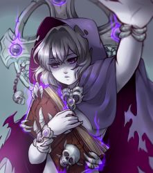 Rule 34 | 1girl, absurdres, blush, book, bracelet, cape, celtic cross, colored skin, cross, embarrassed, glowing, grey background, grey hair, grey skin, grimoire, hair between eyes, highres, holding, holding book, hood, hooded cape, huge filesize, incoming headpat, jewelry, lich (monster girl encyclopedia), looking away, manosdetrapo, monster girl encyclopedia, naked cape, open book, outstretched arm, pout, purple eyes, reaching, reaching towards viewer, short hair, simple background, skull, solo, torn cape, torn clothes, undead, upper body