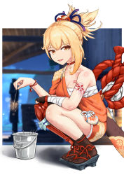 Rule 34 | 1girl, :d, absurdres, bandages, bare shoulders, black footwear, black thighhighs, blonde hair, breasts, bucket, chest sarashi, chest tattoo, choker, cleavage, collarbone, commentary, genshin impact, geta, highres, holding, japanese clothes, kimono, looking at viewer, open mouth, orange kimono, ponytail, red choker, sarashi, shin guards, short hair, sidelocks, smile, solo, squatting, strapless, tattoo, thighhighs, thighs, tube top, uep, wrist wrap, yellow eyes, yoimiya (genshin impact)