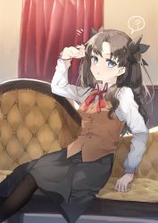 Rule 34 | 1girl, absurdres, black hair, black pantyhose, blue eyes, breasts, couch, curtains, fate/stay night, fate (series), hair ribbon, highres, homurahara academy school uniform, looking at viewer, oomori (kswmr), pantyhose, parted lips, ribbon, school uniform, sitting, skirt, solo, tohsaka rin, two side up, vest