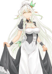 Rule 34 | 1girl, absurdres, ahoge, alternate costume, apron, black sleeve cuffs, braid, breasts, cleavage, cleavage cutout, clothing cutout, covered navel, cowboy shot, enmaided, eyelashes, genshin impact, green eyes, green hair, hair between eyes, hair ornament, highres, holding apron, innoarukugyou, long hair, looking at viewer, maid, maid apron, maid headdress, multicolored hair, pointy ears, rukkhadevata (genshin impact), side braid, single braid, sleeve cuffs, smile, solo, symbol-shaped pupils, two-tone hair, very long hair, white apron, white background, white hair