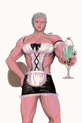 Rule 34 | 1boy, adapted uniform, alternate costume, alternate pectoral size, bara, cherry, enmaided, feet out of frame, food, fruit, green hair, highres, incoming drink, large pectorals, maid, maid day, male focus, muscular, muscular male, nok (nok 1), obliques, one piece, pectoral cleavage, pectorals, roronoa zoro, scar, scar across eye, short hair, sideburns, solo, standing, thighs, whipped cream