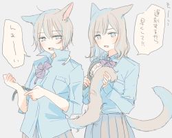 Rule 34 | 2girls, ahoge, animal ears, blouse, blue eyes, blue shirt, blush, bow, bowtie, brush, brushing another&#039;s hair, cat ears, cat girl, cat tail, collared shirt, commentary request, grey hair, grey skirt, holding, holding with tail, inutose, long sleeves, medium hair, multiple girls, original, prehensile tail, raised eyebrow, school uniform, shirt, short hair, simple background, skirt, standing, tail, tail brushing, talking, watch, wristwatch, yuri