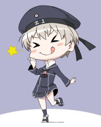 Rule 34 | &gt; &lt;, 10s, 1girl, :p, :q, akitetsu, bad id, bad twitter id, blush stickers, chibi, closed eyes, clothes writing, hat, kantai collection, leg up, long sleeves, neckerchief, open mouth, sailor collar, sailor hat, short hair, silver hair, simple background, smile, solo, star (symbol), tongue, tongue out, z1 leberecht maass (kancolle)