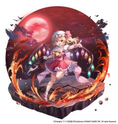Rule 34 | 1girl, ascot, blonde hair, faux figurine, fire, flandre scarlet, frilled skirt, frilled sleeves, frills, gin (gin937), laevatein (touhou), moon, puffy short sleeves, puffy sleeves, red footwear, red moon, red ribbon, red skirt, red sky, red vest, ribbon, shirt, short sleeves, skirt, sky, solo, standing, standing on one leg, touhou, touhou arcadia record, vest, white headwear, white shirt, yellow ascot