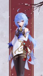 Rule 34 | 1girl, absurdres, ahoge, bare shoulders, bell, black gloves, black pantyhose, blue hair, breasts, chinese knot, cowboy shot, detached sleeves, flower knot, ganyu (genshin impact), genshin impact, gloves, gold trim, hand on own chest, highres, horns, long hair, looking at viewer, low ponytail, medium breasts, neck bell, pantyhose, pisuke (user kcmh2774), purple eyes, sidelocks, solo, standing, tassel, thighlet, vision (genshin impact), white sleeves
