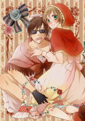 Rule 34 | 1boy, 1girl, :3, ahoge, alternate costume, ami7, apron, arms up, axis powers hetalia, bad id, bad pixiv id, basket, belgium (hetalia), black gloves, blue flower, blue rose, blush, bonnet, bottle, bow, bowtie, brown hair, capelet, cosplay, couple, crossdressing, dress, fingernails, floral background, floral print, flower, frills, fringe trim, gloves, green eyes, hair intakes, halftone, hand on another&#039;s chest, hand on leg, heart, hetero, highres, hood, indian style, kneeling, little red riding hood, little red riding hood (grimm), little red riding hood (grimm) (cosplay), long sleeves, looking at viewer, looking back, open mouth, pantyhose, patchworks, pink flower, pink rose, poncho, red flower, red rose, rose, short hair, sitting, skirt, smile, southern italy (hetalia), sunglasses, swept bangs, white pantyhose