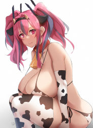 Rule 34 | 1girl, animal ears, animal print, azur lane, bare shoulders, bell, bikini, blush, breasts, breasts on lap, bremerton (azur lane), cleavage, collar, cow ears, cow horns, cow print, cow print bikini, cowbell, elbow gloves, gloves, grey hair, highres, horns, kuronyan, large breasts, long hair, looking at viewer, multicolored hair, neck bell, pink eyes, pink hair, print bikini, sidelocks, smile, solo, squatting, streaked hair, swimsuit, thighhighs, thighs, twintails, white bikini, white gloves, white thighhighs