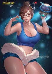 Rule 34 | 1girl, adapted costume, areola slip, bare shoulders, breasts, brown eyes, brown hair, character name, citemer, cleavage, fur trim, glasses, hair bun, hair ornament, hair stick, hairpin, huge breasts, image sample, looking at viewer, mei (overwatch), midriff, navel, overwatch, overwatch 1, parted lips, single hair bun, smile, snowball (overwatch), solo, thick thighs, thighs, wide hips