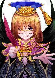 Rule 34 | 1girl, :q, black wings, blonde hair, blue hat, breasts, glasses, hair over one eye, hat, highres, holding, holding quill, long sleeves, looking at viewer, original, purple eyes, quill, short hair, simple background, small breasts, solo, tassel, tomamatto, tongue, tongue out, upper body, white background, wings, yellow-framed eyewear