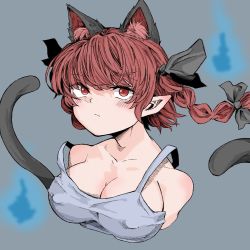 Rule 34 | 1girl, alternate costume, animal ear fluff, animal ears, bare shoulders, black bow, bow, braid, breasts, cat ears, cat tail, cleavage, collarbone, covered erect nipples, cropped torso, extra ears, fe (tetsu), grey background, hair bow, hair ribbon, hitodama, kaenbyou rin, long hair, messy hair, multiple tails, nekomata, pointy ears, red eyes, red hair, ribbon, simple background, solo, tail, touhou, tress ribbon, twin braids, twintails, two tails, upper body