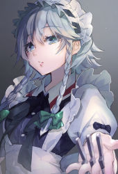 Rule 34 | 1girl, between fingers, black ribbon, bow, braid, commentary, green bow, grey background, grey eyes, hair between eyes, hair bow, highres, holding, holding knife, holding weapon, izayoi sakuya, knife, knives between fingers, looking at viewer, maid, maid headdress, neck ribbon, puffy short sleeves, puffy sleeves, ribbon, shirt, short hair, short sleeves, silver hair, solo, syuri22, touhou, twin braids, upper body, weapon, white shirt