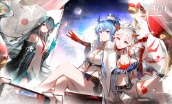 Rule 34 | 3girls, absurdres, aerial fireworks, arknights, black hair, black jacket, black shorts, blue eyes, blue hair, blue skin, chinese commentary, colored skin, commentary request, copyright name, dragon horns, dragon tail, dress, dusk (arknights), earrings, fireworks, full moon, grey eyes, hair over one eye, hand fan, happy new year, highres, holding, holding fan, holding phone, horns, jacket, jewelry, ling (arknights), long hair, luan teng, midriff, moon, multicolored hair, multiple girls, navel, necktie, new year, nian (arknights), open clothes, open jacket, parted lips, phone, pointy ears, ponytail, red eyes, red hair, red necktie, red skin, red tube top, shirt, shorts, siblings, sidelocks, sisters, sky, sleeveless, sleeveless dress, smile, sparkle, star (sky), starry sky, strapless, streaked hair, tail, taking picture, tassel, teeth, tube top, upper teeth only, v, white dress, white hair, white jacket, white shirt, white shorts, yellow necktie