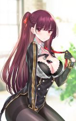 Rule 34 | 1girl, backlighting, black bra, black dress, black gloves, blush, bra, breasts, buttons, cleavage, closed mouth, dress, ero waifu, girls&#039; frontline, gloves, hair ribbon, half updo, highres, large breasts, long hair, looking at viewer, necktie, one side up, pantyhose, purple hair, red eyes, red neckwear, red ribbon, ribbon, solo, underwear, undone necktie, wa2000 (girls&#039; frontline)