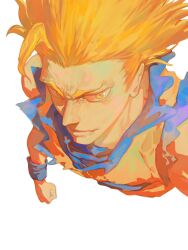 Rule 34 | 1boy, ahoge, blonde hair, blue wristband, clenched hand, close-up, closed mouth, dougi, dragon ball, dragonball z, forehead, foreshortening, from above, furrowed brow, hair up, hieumay, highres, lips, looking to the side, male focus, nose, simple background, sleeveless, solo, son goku, super saiyan, super saiyan 3, white background, wristband, yellow eyes